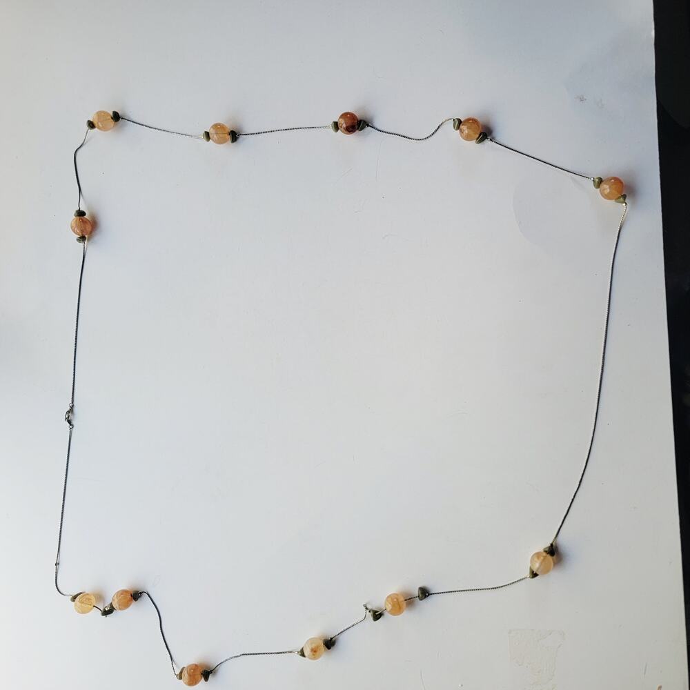 Vintage Peach Bead Station Necklace With Green Chips On Silver Tone Chain Long